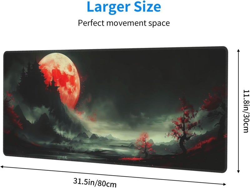 Brecoy Extended Gaming Mouse Pad, Large Desk Mat XL Anime Mouse Pad Waterproof with Stitched Edges, Non-Slip Desktop Pad for Home and Office, Level Up Your 31.5x11.8 Inch (Red Moon) - Image 2